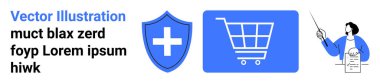 Tıbbi haçlı kalkan, alışveriş arabası ve finansal bir belgeyi işaret eden kişi. Sağlık, e-ticaret, finans, güvenlik, çevrimiçi alımlar, sunumlar ve basit bir iniş sayfası için ideal