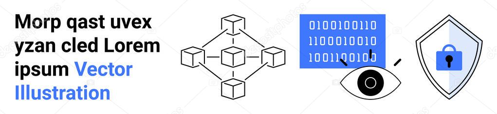 Vector of Blockchain network diagram, binary data visualization, shield with lock, and eye symbolizing cybersecurity, privacy, and blockchain. Ideal for technology, data protection, digital networks privacy Blockchain network diagram, binary data visualization, shield with lock, and eye symbolizing cybersecurity, privacy, and blockchain. Ideal for technology, data protection, digital networks privacy stock vector