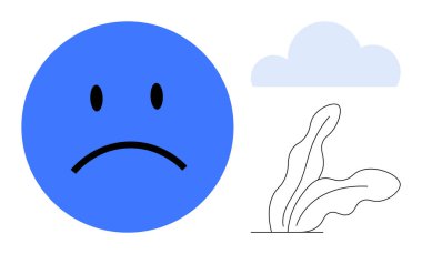 Yumuşak bulut ve soyut yaprak şekillerinin yanında mavi mutsuz ifade. Duygular, ruh sağlığı, üzüntü, melankoli, iletişim, ifade ve farkındalık için idealdir. Temiz, düz metafor