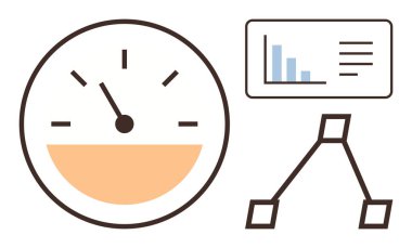 İlerlemeyi temsil eden hız göstergesi, veri analizlerini gösteren çubuk grafik ve işlem akış diyagramı. İş stratejisi, analitik, performans analizi, iş akışı, ilerleme takibi için ideal