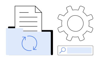 Dizini dönen ok, belge, dişli sembolize ayarlar ve veri düzenini vurgulayan arama çubuğu ile aç. Teknoloji, veri depolama, sistem güncellemeleri, otomasyon, verimlilik için ideal