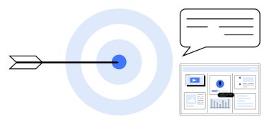 Ok hedefin gözüne isabet ediyor, web sitesi analitik gösterge paneli ve konuşma balonu doğruluğu, stratejik odaklanmayı ve iletişimi temsil ediyor. Hedefler, veriler, strateji, pazarlama planlaması için ideal