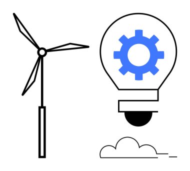 Yenilenebilir enerji ve teknolojinin sinerjisini gösteren vites sembollü bir ampullü rüzgar türbini. Yenilik için ideal, sürdürülebilir kalkınma, çevre dostu çözümler, yeşil enerji