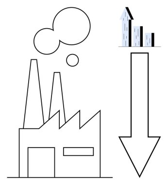 Bacaları duman çıkaran fabrika, büyümeyi sembolize eden bar çizelgesi, gerileme için aşağı doğru ok. Sanayi, çevre, ekonomi, kirlilik, sürdürülebilirlik, büyüme sade iniş sayfası için ideal