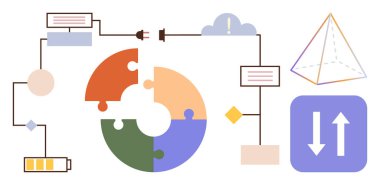 Dairesel bulmaca şeması, akış bağlantıları, pil göstergesi, bulut simgesi ve veri piramidi vurgulama organizasyonu, analiz ve strateji entegrasyonu. Süreç için ideal, takım çalışması yeniliği