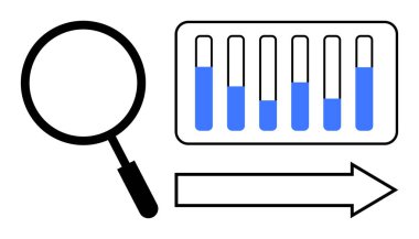 Sıvı seviyeli test tüplerine odaklanan büyüteç ve yön oku. Bilimsel araştırma, veri analizi, ilerleme izleme, keşif, tıbbi test, laboratuvar süreçleri için ideal