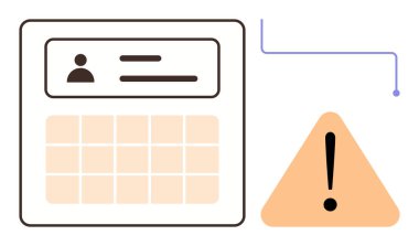 Izgara düzeni ve uyarı üçgenine sahip kullanıcı profili bölümü. Siber güvenlik, sistem güncellemesi, hata raporlama, kullanıcı verisi, hesap yönetimi, bildirimler, basit düz metafor