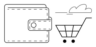 Cüzdanı bulut elementli bir alışveriş arabasının yanında, e-ticaret, dijital ödemeler, çevrimiçi perakende satış, finans yönetimi, teknoloji, alışveriş kolaylığı ve bulut depolamayı simgeliyor. Basit için ideal