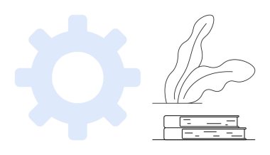 Yığılmış kitap ve bitki yapraklarının yanında büyük vites yenilik, öğrenme ve büyümeyi temsil eder. Basit bir eğitim, teknoloji, araştırma, strateji, takım çalışması, yaratıcılık ve verimlilik için ideal