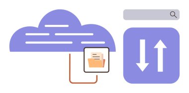 Bağlı dizini olan bulut, okları yükle ve indir, ve arama çubuğu. Veri depolama, dosya yönetimi, çevrimiçi transfer, teknoloji, ağ oluşturma, dijital çalışma alanı için ideal basit düz metafor