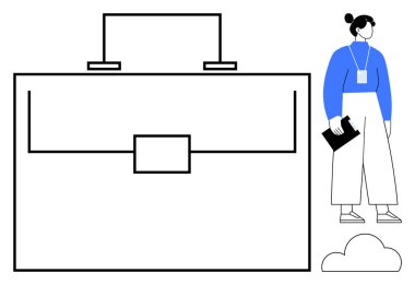Profesyonel kadın, evrak çantası ve bulut elementiyle birlikte belgeleri tutuyor. İş, kariyer, şirket, iş planlaması, verimlilik, organizasyon ve iş büyüme temaları için idealdir. Basit.