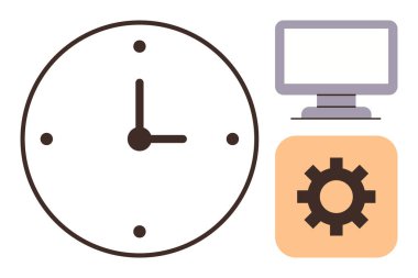 Saat, bilgisayar ve teçhizat zaman izleme, verimlilik, verimlilik ve görev organizasyonunu temsil eder. İş planlaması, iş akışı, dijital araçlar için ideal proje yönetimi sade düz