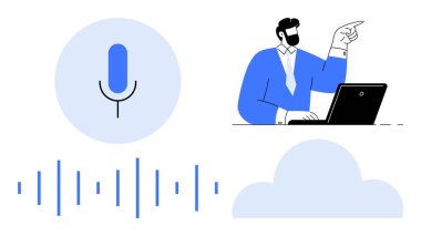 Adam dizüstü bilgisayar, mikrofon ikonu, ses dalgası, bulut tasarımı üzerinde çalışırken işaret ediyor. Teknoloji için ideal, bulut depolama, yapay zeka, uzaktan kumandalı iş yenilik iletişimi. Basit düz