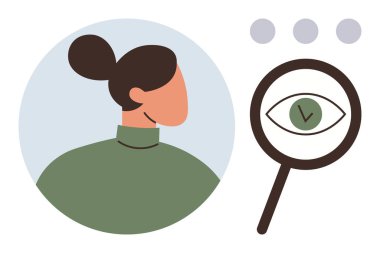 Yan profilde yeşil elbiseli bir kadın, üzerinde işaret olan bir gözde büyüteç. Araştırma, odaklanma, içgörü, bireysellik, analiz, vizyon kişisel gelişimi için idealdir. Basit düz metafor