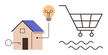 Ev anahtara, ampule ve dalgalı enerji hatları olan alışveriş arabasına bağlı. Ev otomasyonu, yenilik, enerji, sürdürülebilirlik, akıllı ev alışverişi konutları için idealdir. Modern basit daire