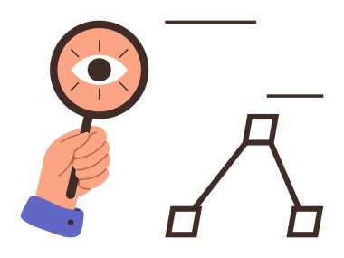 Bir gözle el ele tutuşan büyüteç, veri analizini, içgörü ve yapıyı temsil eden bir diyagramı gösteriyor. Araştırma, planlama, problem çözme, izleme ve odaklanma stratejisi için idealdir.