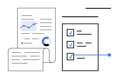Pasta grafiği, satır grafiği, kontrol listesi ve bağlı öğeler veri analizini, planlamasını, görev takibini vurguluyor. Üretkenlik, iş incelemesi ve proje verimliliği için ideal