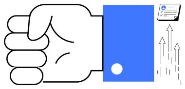 Mavi manşetlere sıkılmış yumruklar, kontrol listesi olan belgeler ve gücü, hedefleri, ilerlemeyi ve başarıyı simgeleyen yukarı doğru oklar. Azim, liderlik, büyüme konuları için idealdir