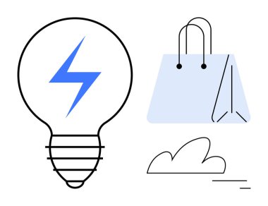 Yıldırımlı ampul, alışveriş torbası ve bulut temalı yenilik, eko-ticaret ve verimli teknoloji. E-ticaret, enerji, teknoloji, sürdürülebilirlik lojistik yaratıcılığı için ideal