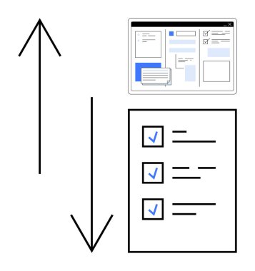Yukarı ve aşağı ok rehberi görev önceliği, kontrol listesi tamamlama izlemesini temsil ediyor, gösterge paneli bağlam ekler. İş akışı organizasyonu, verimlilik, öncelikler, görev yönetimi, verimlilik için ideal