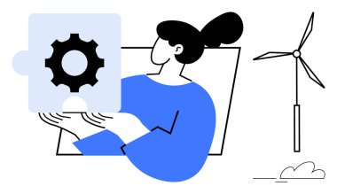 Elindeki bulmaca parçası problem çözmeyi, yeniliği ve sürdürülebilirliği sembolize ediyor. Arka plandaki rüzgar türbini yenilenebilir enerji odaklarını vurguluyor. Takım çalışması, teknoloji ve yeşil enerji için ideal