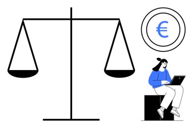 Denge terazisi adaleti temsil ederken, Euro işareti finans anlamına geliyor ve dizüstü bilgisayar kullanan bir kişi teknolojinin kullanımını ön plana çıkarıyor. Hukuk, finans, dijital ekonomi, eşitlik, yenilik ve karar verme için ideal