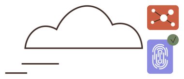 Veri paylaşım ağı ve parmak izi doğrulama simgeleriyle birlikte hareket öneren çizgilere sahip bulut ana hatları. Teknoloji, bulut hesaplama, güvenlik, veri erişimi, bağlantı için ideal