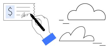 Basit doğrusal bulutlarla çevrili parasal işaretli bir çekte el yazısı imzası. Finans, ödeme, dijital bankacılık, e-imza, bulut hesaplama, iş dünyası modern ekonomi için idealdir. Basit.