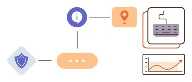Kalkanlı akış şeması, bilgi simgesi, konum kodu, klavye ve grafiği. Teknoloji, siber güvenlik, veri analizi iletişim iş akışı bağlantıları için ideal bir yenilik. Basit düz