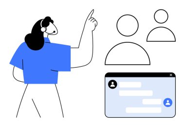 Kulaklıklı bir kadın, kullanıcı profillerine ve canlı sohbet penceresine bakıyor. İletişim için ideal, takım çalışması, çevrimiçi yardım, müşteri bakımı, teknoloji, kullanıcı deneyimi, basit iniş sayfası