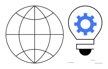 Küresel fikirleri, takım çalışmasını, ilerlemeyi, büyümeyi, teknolojiyi, yaratıcılığı, dijital dönüşümü simgeleyen bir ampulün içindeki küre ve ekipman. Yenilikçi iş eğitimi için ideal. Basit bir daire.