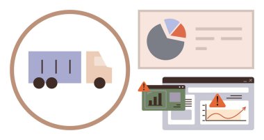 Risk uyarıları, veri eğilimleri ve performans sezgilerini gösteren çizelge ve istatistiklerle dolu bir kargo kamyonu. Lojistik, tedarik zinciri, veri izleme, risk yönetimi ve sevkiyat takibi için ideal