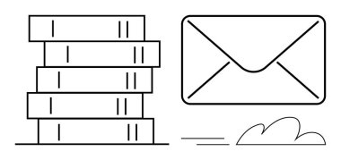Büyük bir zarf ve minimalist bulut elementinin yanında yığınla kitap var. Eğitim, iletişim, bilgi, posta, organizasyon, mesajlaşma, depolama için ideal. Basit düz metafor