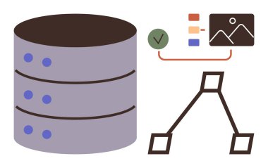 Veritabanı yığını, bağlı şema, kontrol işareti ve dosya küçük resmi. Veri yönetimi, depolama, organizasyon, teknik süreçler bulut depolama iş akışı ve sistem mimarisi için ideal. Düz ve basit