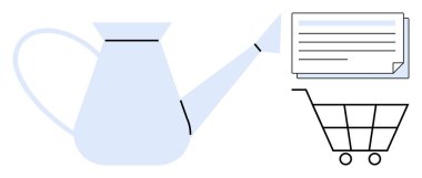 Büyümeyi, organizasyonu ve tüketimi sembolize eden basit sulama kutusu, belge yığını ve alışveriş arabası. Planlama, kaynak yönetimi, sürdürülebilirlik, yatırım verimliliği için ideal