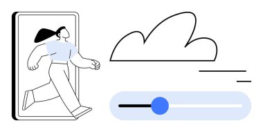 Telefondan, bulut elemanından ve dijital etkileşimi, kişiselleştirmeyi ve bağlantıyı simgeleyen kaydırma çubuğundan çıkan kişi. Teknoloji, uygulamalar, mobil, bulut yeniliği yaratıcılığı için ideal