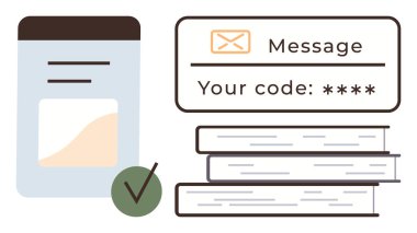 Mobil uygulama arayüzü, kod doğrulama mesajı, kitap yığını ve yeşil kontrol işareti. Güvenlik, eğitim, giriş süreci, kimlik doğrulama, çevrimiçi dijital gizlilik erişimi için ideal