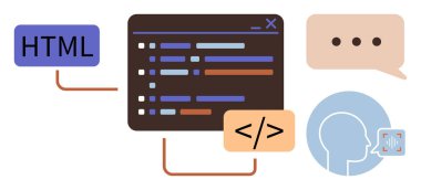 HTML etiketi, kodlama arayüzü, iletişim balonu ve insan konuşma vurgusu kodlaması, web geliştirme, kullanıcı etkileşimi. Programlama, teknoloji ve eğitim için ideal UX tasarım yapay zeka iletişimi