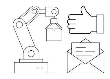Endüstriyel robotik kol kaldırma, verimlilik işareti ve belge dolu zarf. Otomasyon, robot bilimi, verimlilik, iletişim, yapay zeka, imalat ve basit iniş sayfası için ideal