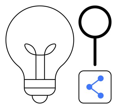 Fikirleri sembolize eden ampul, arama öneren büyüteç ve bağlantı için mavi ağ simgesi. Yaratıcılık, araştırma, keşif, yenilik, teknoloji, işbirliği için ideal basit iniş sayfası