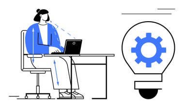 Dizüstü bilgisayarında çalışan bir kadın. Elinde oklar, hareket ve fikir gösteren bir kadın. Ampul ve teçhizat. Yenilik, üretkenlik, takım çalışması, yaratıcılık, problem çözme, teknoloji için ideal