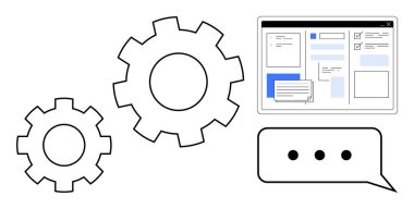 İşlem otomasyonunu sembolize eden iki vites, görev ve gösterge panelini temsil eden bir kullanıcı arayüzü ve iletişim için bir konuşma balonu. Takım çalışması, sistem entegrasyonu, verimlilik ve proje için ideal