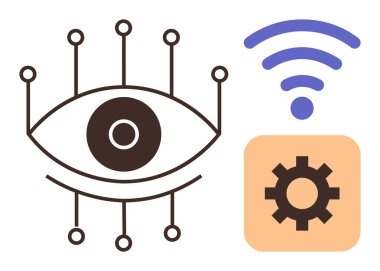 Dijital düğümlü göz, kablosuz sinyal ve vites sembolü. Teknoloji, yapay zeka, otomasyon, bağlantı veri sistemleri siber güvenlik için idealdir. Basit düz metafor