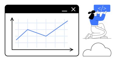 Uygulama penceresindeki çizgi grafiği, kod işareti olan kişi ve bulut ögesi. Analiz, geliştirme, kodlama, programlama, bulut hesaplama, veri görselleştirme ve basit iniş sayfası için ideal