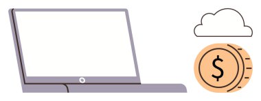 İçinde dolar işareti ve bulut simgesi olan bir madeni paranın yanında dizüstü bilgisayar. Fintech, bulut hesaplama, online bankacılık, tasarruf, e-ticaret, dijital dönüşüm, iş stratejisi için ideal. Basit düz metafor