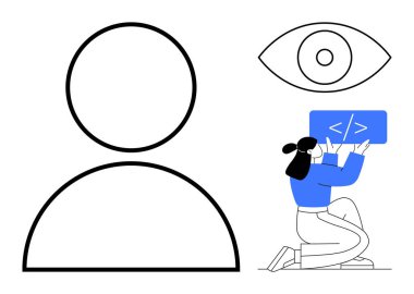 Bir panele kod yazan kadın, büyük bir kullanıcı profili simgesi ve göz sembolü. Teknoloji, geliştirme, kodlama, kullanıcı deneyimi, veri gizliliği, basit iniş sayfaları için ideal