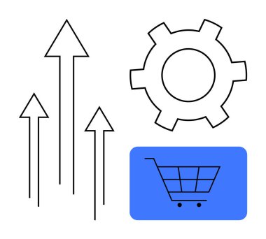 Dişlileri sembolize etme süreci, büyümek için yukarı doğru üç ok, e-ticaret için mavi arka planda alışveriş arabası. İş büyümesi, otomasyon, teknoloji, strateji, çevrimiçi alışveriş ve süreç için ideal