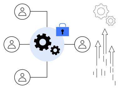 Kullanıcıları birbirine bağlayan merkezi bir sistemdeki dişliler ve asma kilit. Oklar ve ek dişliler büyümeyi simgeliyor. Takım çalışması, yenilik, veri güvenliği, üretkenlik, bağlantı ve teknoloji için ideal
