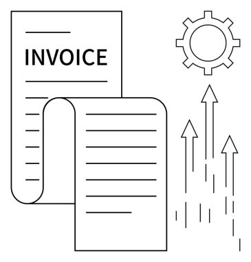 Fatura belgesi, büyümeyi temsil eden yukarı doğru oklar ve optimizasyonu sembolize eden dişliler. Finans, muhasebe, iş çözümleri, verimlilik, süreç otomasyonu, ekonomik büyüme için ideal