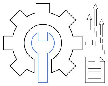 Vites ve anahtar tamir ve sistem optimizasyonunu sembolize ediyor. Oklar ilerlemeyi ve büyümeyi gösteriyor. Belge yapı ve strateji ekler. Üretkenlik, mühendislik, iyileştirme, yenilik için ideal